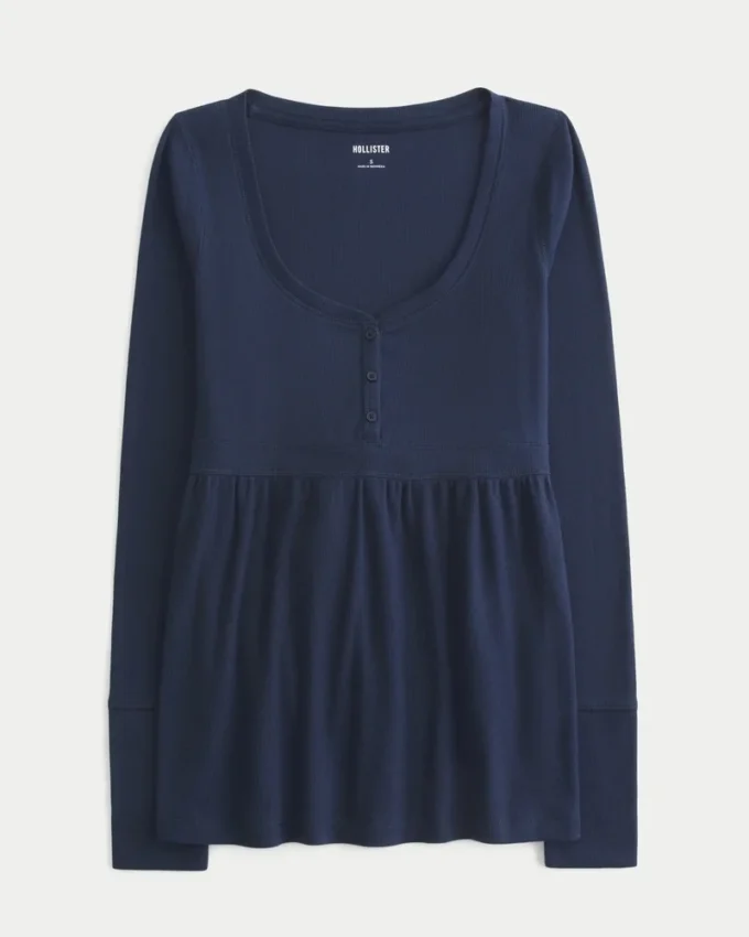 Babydoll-Oberteil mit Henley-Ausschnitt und Bindeband