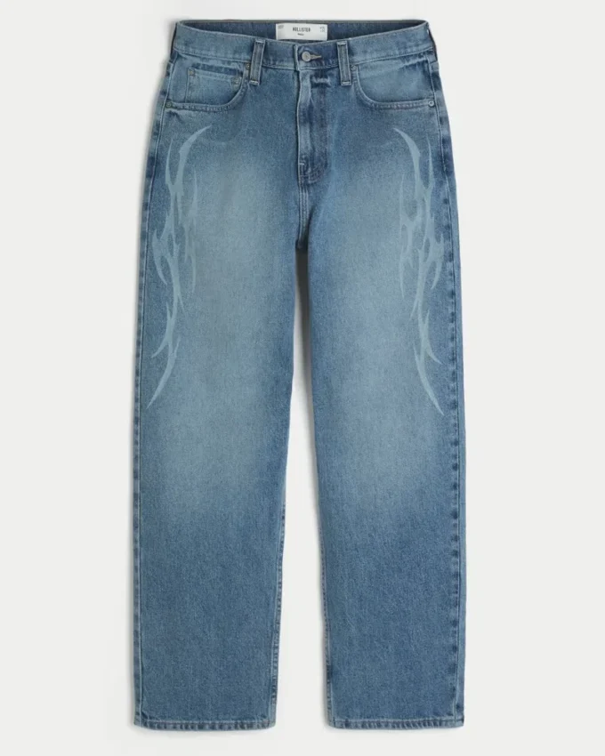 Baggy-Jeans mit mittlerer Waschung und Flammenprint