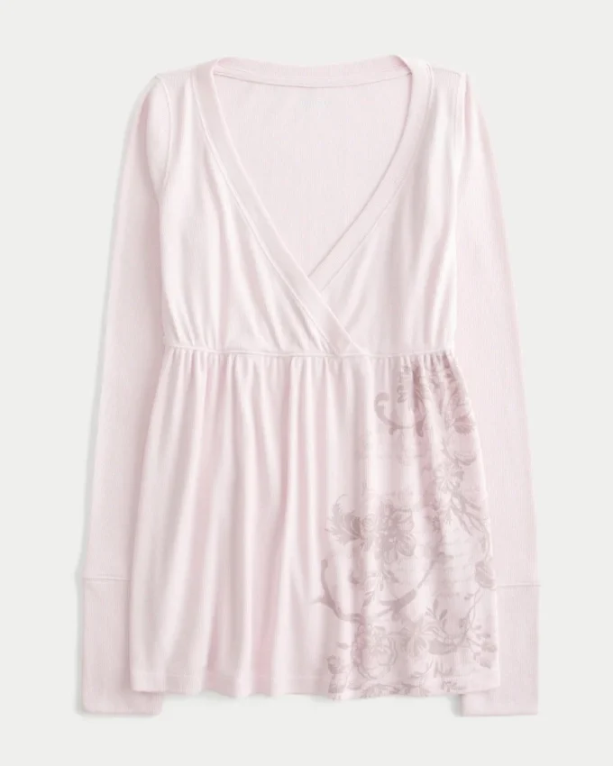 Bequemes Babydoll-Oberteil mit Blumenmuster und langen Ärmeln