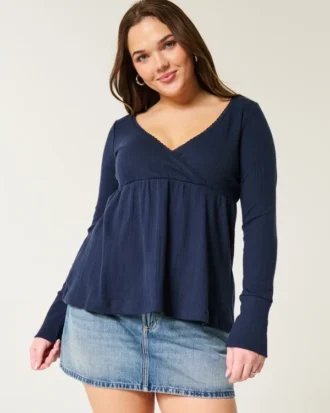 Bequemes Langarm-Babydoll-Oberteil mit Pointelle-Strick