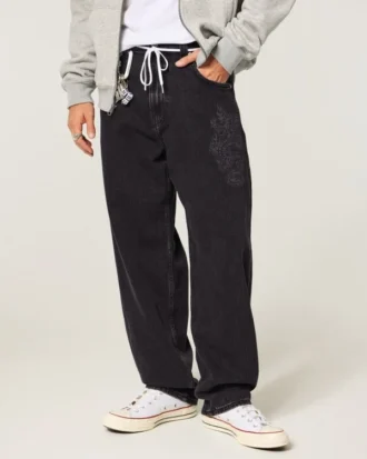 Gewaschene schwarze Baggy-Jeans mit Drachenmotiv