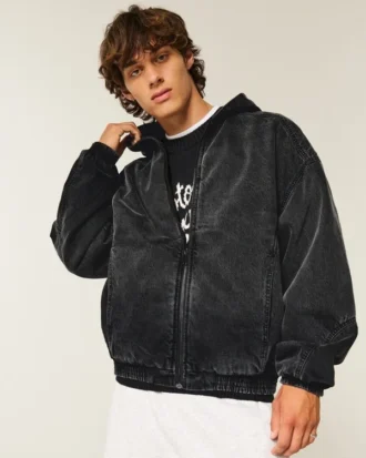 Gewaschene schwarze Denim-Skaterjacke
