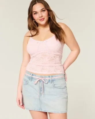 Hellblau gewaschene Mini-Skort aus Denim mit Schnürung