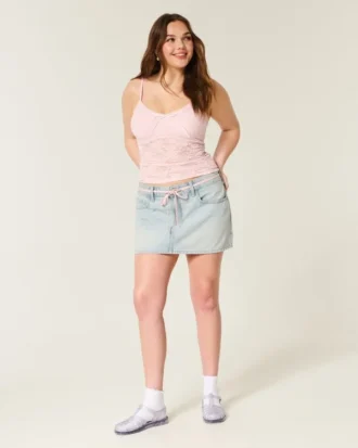 Hellblau gewaschene Mini-Skort aus Denim mit Schnürung