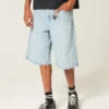 Hellblaue, verzierte Super-Baggy-Jeansshorts
