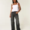 Hoch geschnittene, gewaschene schwarze Baggy-Jeans