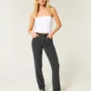 Hoch geschnittene, gewaschene schwarze Straight-Jeans