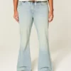 Hoch geschnittene, hellblaue Star Pocket Flare Jeans