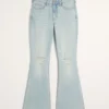 Hoch geschnittene, leicht verwaschene Flare-Jeans mit Rissen