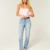Hoch geschnittene Straight-Jeans in heller Waschung mit Used-Look