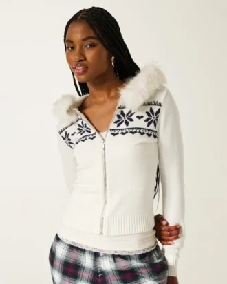 Kapuzenpullover mit Kunstfellbesatz und Fair-Isle-Muster