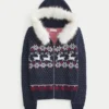 Kapuzenpullover mit Kunstfellbesatz und Fair-Isle-Muster