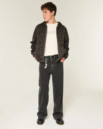 Kastenförmiger Hoodie mit Reißverschluss und Leopardenmuster