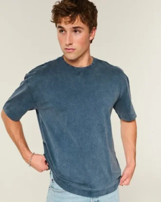Kastenförmiges, schweres, gewaschenes Baumwoll-T-Shirt mit Rundhalsausschnitt