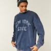 Kastig geschnittenes, schweres Langarm-T-Shirt mit New York State-Grafik