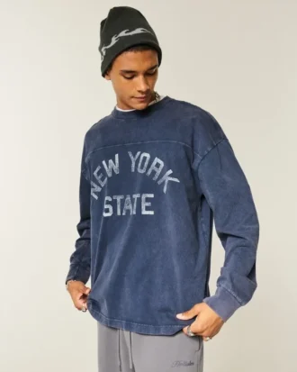 Kastig geschnittenes, schweres Langarm-T-Shirt mit New York State-Grafik