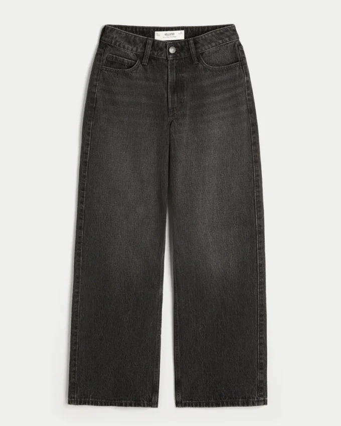 Kurvige, hoch geschnittene, gewaschene schwarze Baggy-Jeans