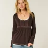 Langärmeliges Henley-Babydoll-Oberteil