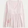 Langärmliges Babydoll-Oberteil mit Grafikprint und gerafftem Brustbereich