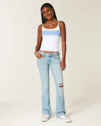 Low-Rise-Jeans mit Rissen, heller Waschung und Stickerei, Bootcut