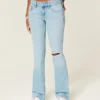Low-Rise-Jeans mit Rissen, heller Waschung und Stickerei, Bootcut