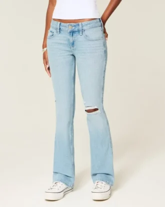 Low-Rise-Jeans mit Rissen, heller Waschung und Stickerei, Bootcut