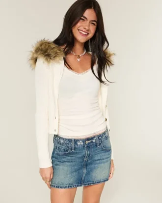 Low-Rise-Minirock aus besticktem Denim