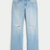 Low-Rise Ripped Light Wash Relaxed Straight Jeans