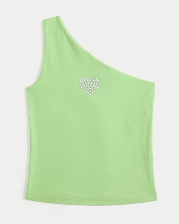 One-Shoulder-Tanktop mit Herz-Print