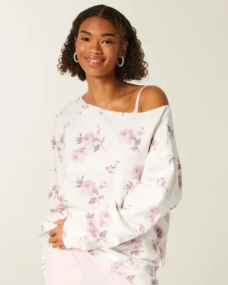 Oversized-Sweatshirt mit floralem Schleifenmuster und schulterfreiem Ausschnitt