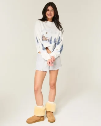 Oversized-Sweatshirt mit Stehkragen, Puffdruck und Wintermotiv