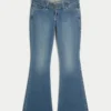 Ultra Low-Rise Dark Wash Belted Flare Jeans
