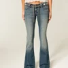 Ultra Low-Rise Embroidered Belt Medium Wash Flare Jeans