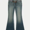 Ultra Low-Rise Embroidered Belt Medium Wash Flare Jeans