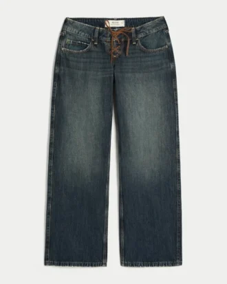 Ultra-niedrige Passform, dunkel gewaschene Baggy-Jeans mit Schnürung