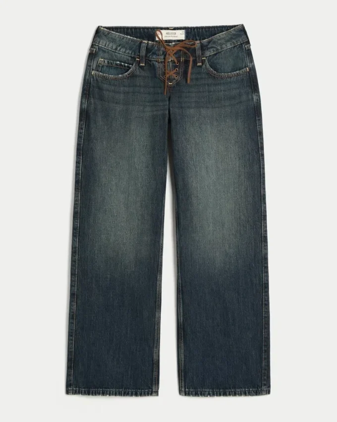 Ultra-niedrige Passform, dunkel gewaschene Baggy-Jeans mit Schnürung