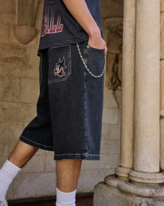 Washed Black Cat Graphic Super Baggy Denim Shorts